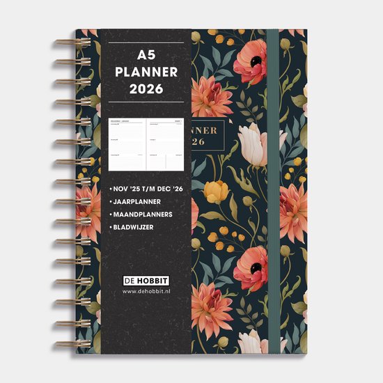 Hobbit - A5 Planner 2026 - A5 (21,7 x 15,5cm) - Spiraalgebonden - 1 week over 2 pagina's - Harde Kaft - Vintage Bloemen