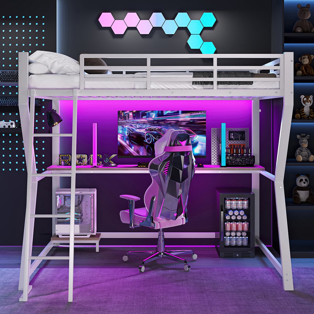 KOMHTOM BLACKCOLORS Hoogslaper, 90*200 cm, met ledverlichting, computerconsole, bureau, stopcontact + USB, leuning, trap, zonder matras, wit