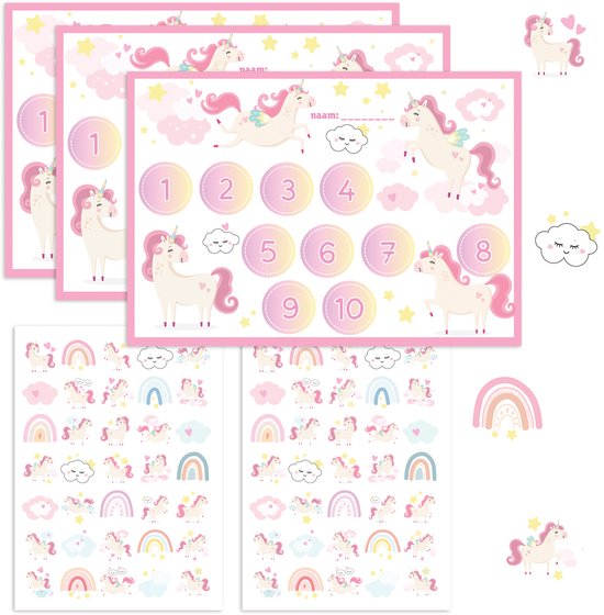 Beloningssysteem + Grote Stickers - Beloningskaarten Unicorn + Stickers - 2 Stickervellen + 3 Dubbelzijdige Beloningskaarten - Beloningssysteem Kind - Zindelijkheidstraining Kind - Beloningssysteem Meisjes - Beloningskalender - Luiers - Plaskaart