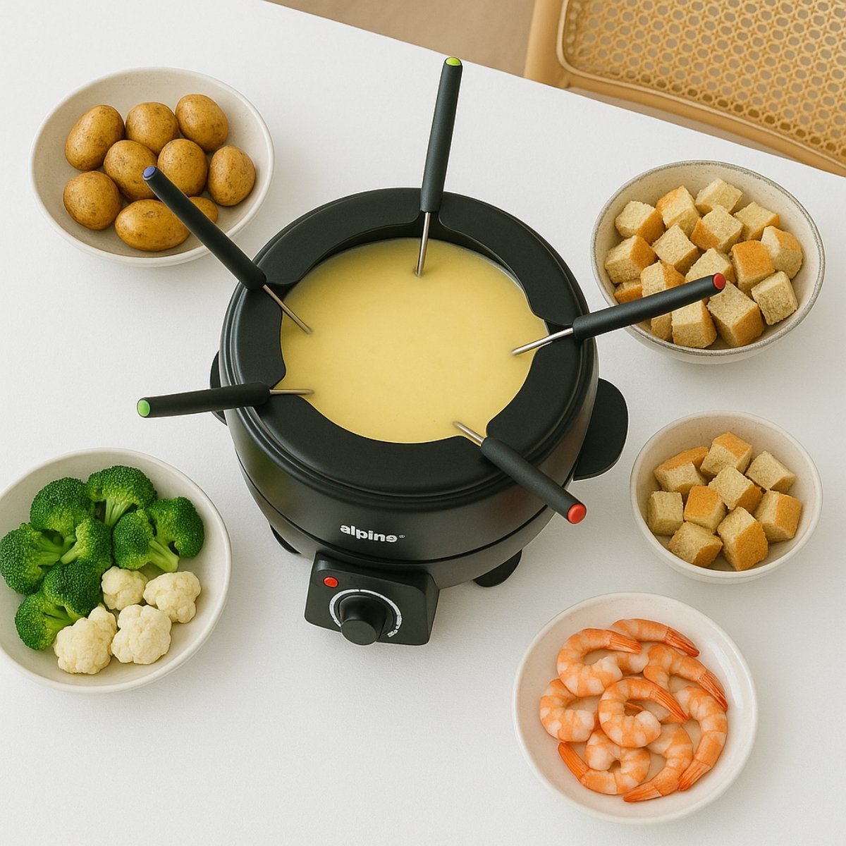 alpina Fondueset Elektrisch 800W – Fonduepan 2L voor 6 Personen - Geschikt voor Kaasfondue en Chocolade Fondue – Incl. Fonduevorken – Instelbare Temperatuur – RVS met Antiaanbaklaag – foto 6