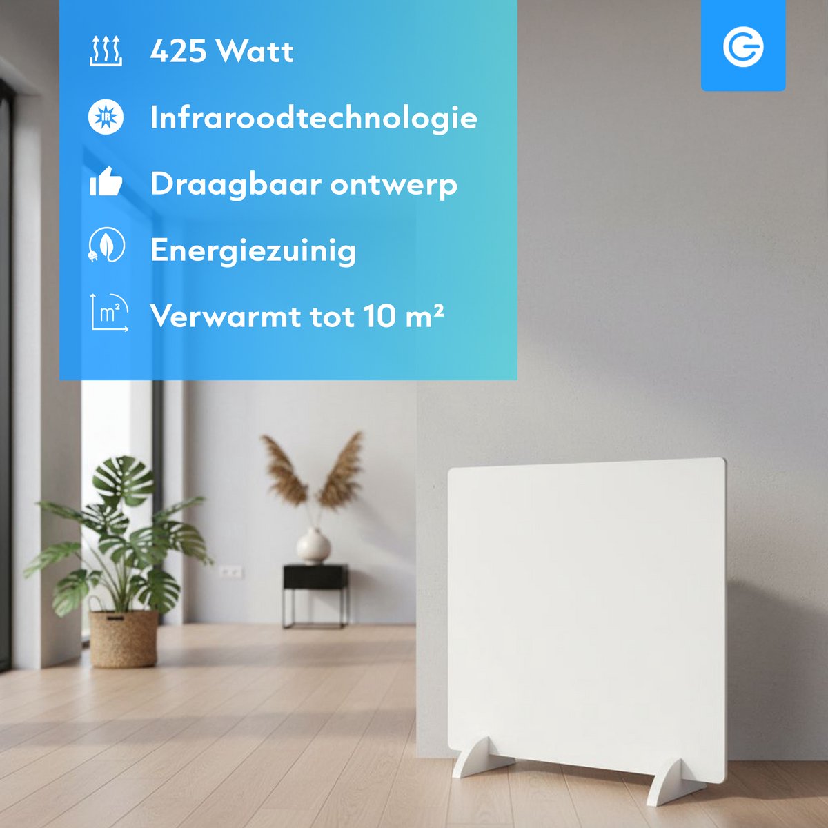 Infrarood Verwarmingspaneel 425W - Voordelig in Gebruik - Makkelijk Verplaatsbaar - 63,7 x 66,3 x 1,1 cm - Overschilderbaar - Elektrische kachel - Thermostaat - Staand - Heater - Bijverwarming - Wit - Silvergear – foto 2