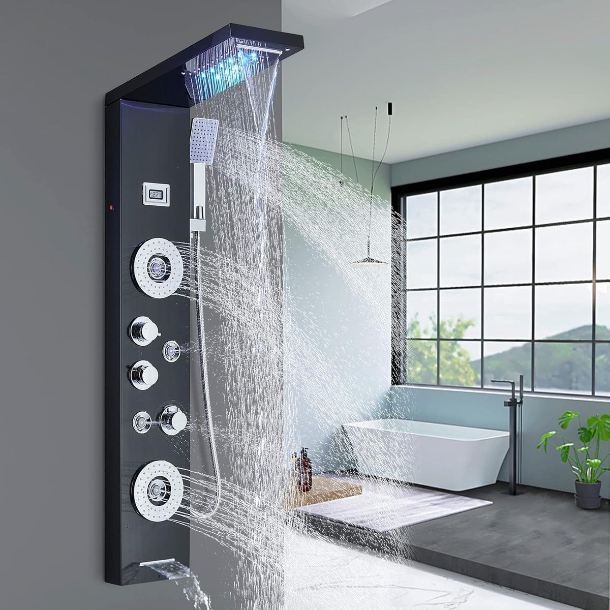 LCD Douchekolom Douchepaneel voor Badkamer Hydromassages 5 Stralen Douchesysteem multifunctioneel Douchepaneel Zilver
