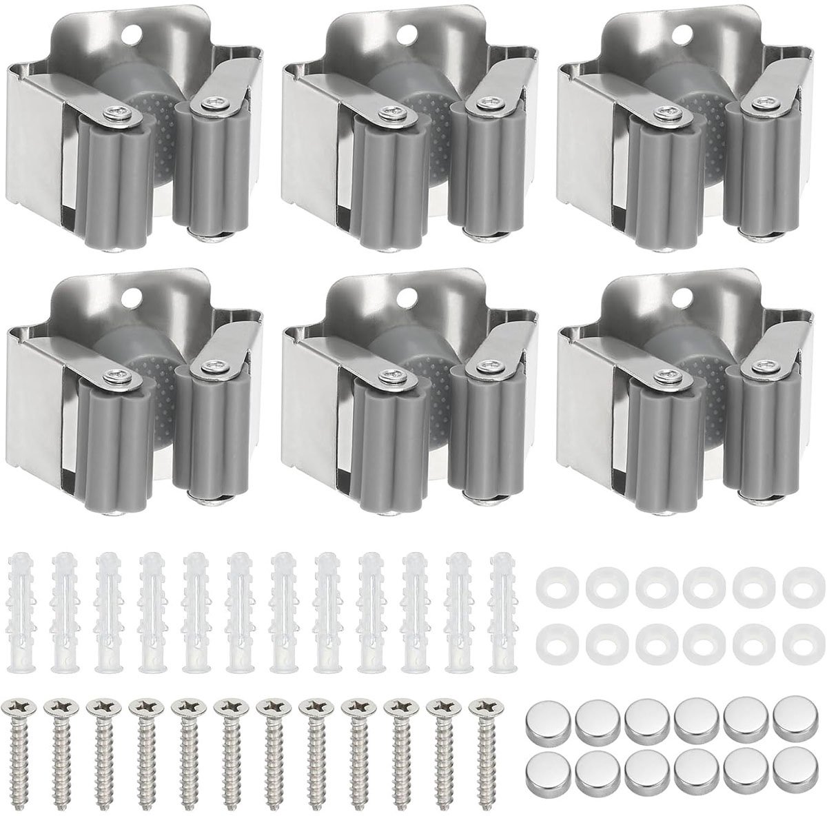 Vitdipy - 6 stuks - Bezemhouder - Gereedschapshouder - Zelfklevend/Schroefboren - 53*46*40mm - Wandhouder - Bezem Ophangsysteem - RVS - Zilver