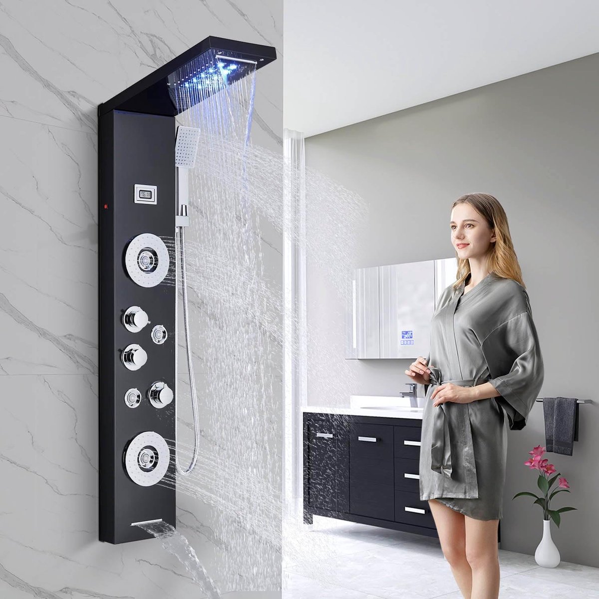 Douchekolom LED Douchepaneel voor Badkamer Hydromassages 5 Stralen Douchesysteem multifunctioneel Douchepaneel Zilver
