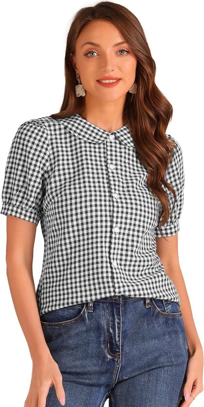Chemisier à carreaux pour femme à manches courtes et col Pan, Zwart - Taille M. Boutons boutonnée Trendy pour femme.