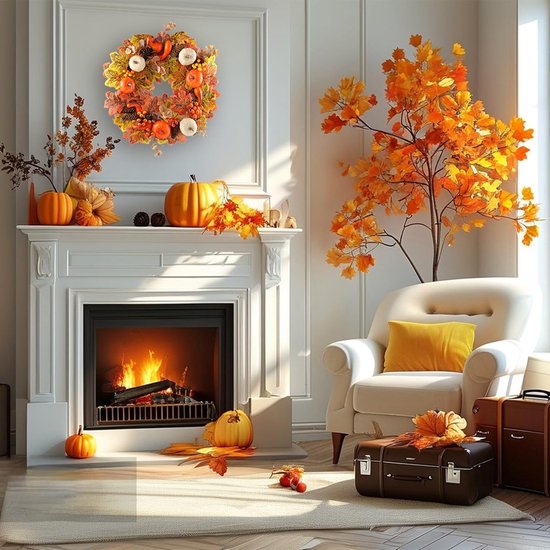 IMOPUITI Herfstkransen met LED-licht 40 cm Halloween-krans met pompoen