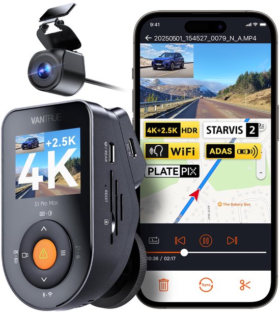 Vantrue S1 Pro Max 4K+2.5K Dashcam Voor- en Achterkant, Dual STARVIS 2 Dashcam, 2-Kanaals HDR Dashcamera voor Auto's, PlatePix Nachtzicht, 5G WiFi, Spraakbediening, GPS, ADAS, 24Uur Parkeermodus, Max. 1TB.
