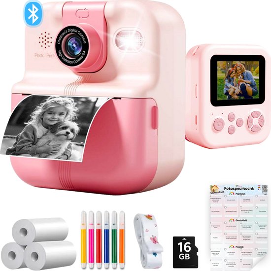 Kindercamera met Fotospeurtocht & Fotoprinter - Digitale Camera Kinderen - 11-in-1 Camera - Oplaadbaar - 48MP - Foto printer - Roze - Fototoestel voor kinderen - Instant Print Camera Kinderen