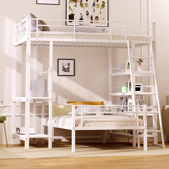 Hoogslaper 90x200 Met Grote Opbergruimte, Zijladder, Open Plank Tienerbed Met Bureau En Opbergvakken Van Grenenhout En Wit En Grijs Mdf