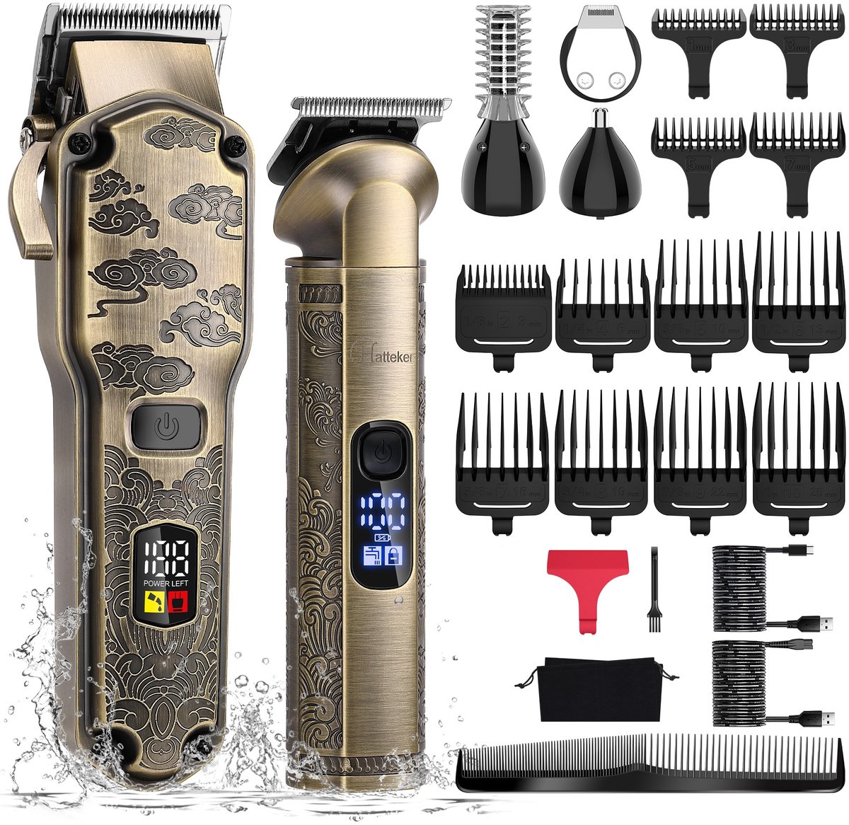 Hatteker Professionele Tondeuse en 4-in-1 Trimmer Set voor Heren – Haartrimmer, Baardtrimmer, Precisie Trimmer & Neustrimmer – IPX7 Waterdicht – USB Oplaadbaar – Draadloos T-Blade – Bronskleurig