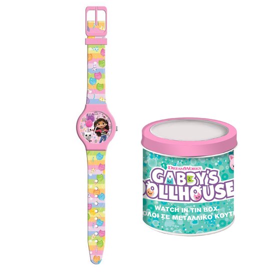 Montre pour enfants Gabby's Dollhouse - Montre analogique avec bracelet en silicone - Dans un emballage en métal de Luxe - Cadeau pour Kids