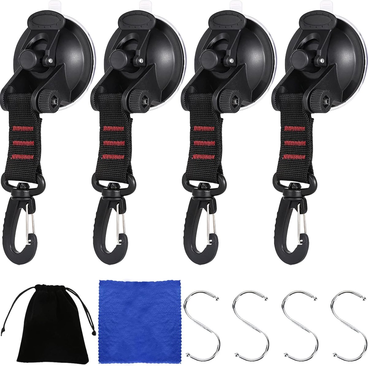 Set van 4 Zuignappen Haken Kamperen met 4 S-haken Sterke Multifunctionele Zuignap Sterke Zuignappen Haken Ankergereedschap voor Auto Zijluifels Tenten Campers, voor outdooruitrusting, kampeerzeilaccessoire, sterk draagvermogen - Cyslmuk®