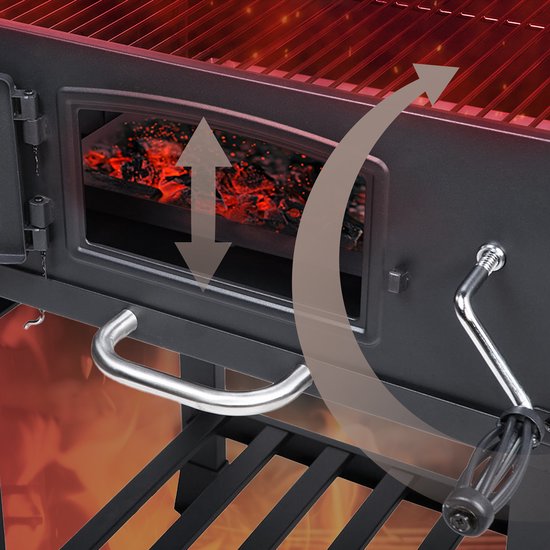 Close-up van de kolenlade in de TAINO grill, met pijlen die luchtcirculatie aangeven.