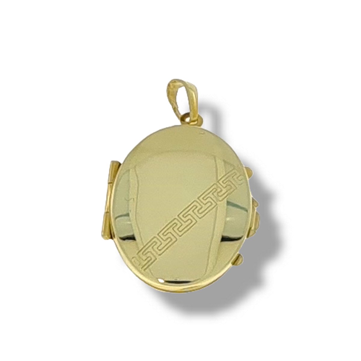 Gouden Medaillon Ovaal Griekse Tekens Hanger 29 x 17 mm 14 karaats