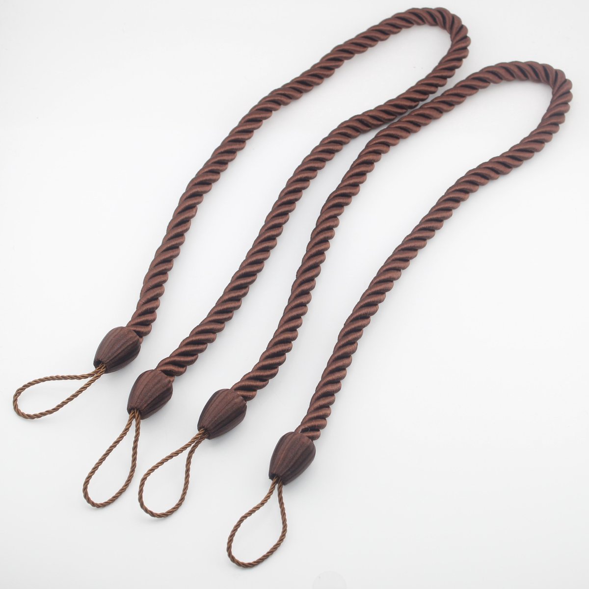Set van 4 STUKS LUXE GORDIJNHOUDERS/EMBRASSES GORDIJN, GORDIJNKOORD om te Knopen, Lengte 65CM, Dikte 10MM, Kleur BRUIN