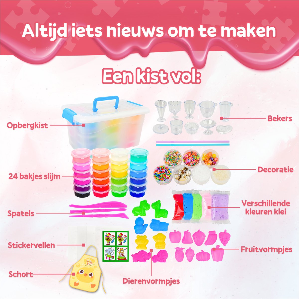 Slijm Maken Set XL met Schort & 62 Onderdelen - Slijm Pakket - Squishy - DIY Knutselpakket - Speelslijm Maker- Knutsel Speelgoed — afbeelding 6