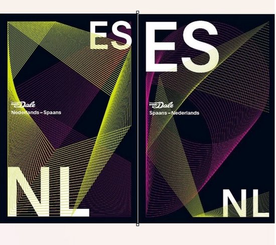 Set van Dale pocketwoordenboeken Spaans - Nederlands / Nederlands - Spaans met geometrische lijnen in geel en paars.