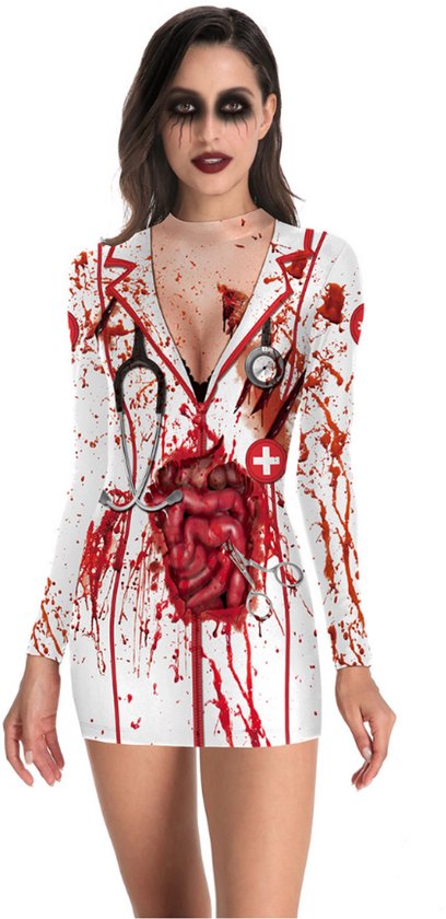 Joya Kids® Bloederige Sexy Zuster Kostuum | Halloween Verkleedjurk Dames | Korte Strakke Verpleegster Jurk met Bloed | Stretch | Carnaval & Halloween Outfit | Maat M