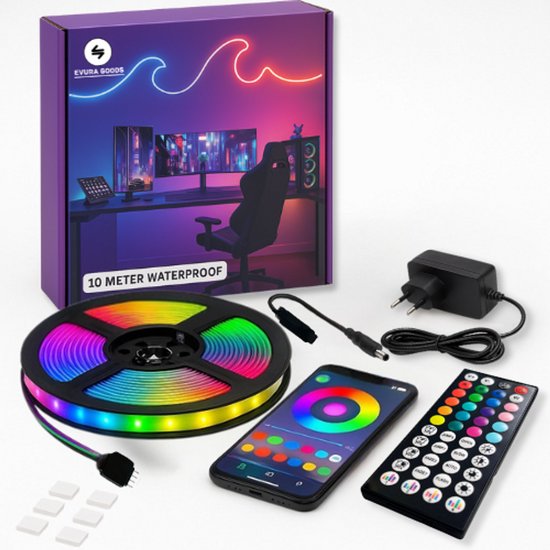 Evura Goods - Led strip 10 meter - Waterproof IP65 - RGB - Kerstverlichting - afstandsbediening & telefoon app - Led strip waterdicht - dimbaar - buitenverlichting - timer & muziek modus - Led Lights - smarthome - tuinverlichting - binnenverlichting