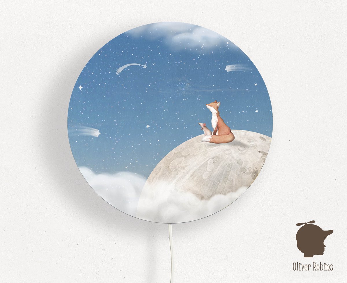Wandlamp rond Fox on the Moon bleu Oliver Robins-sfeerverlichting-kinderkamer-maan-vos-wandverlichting