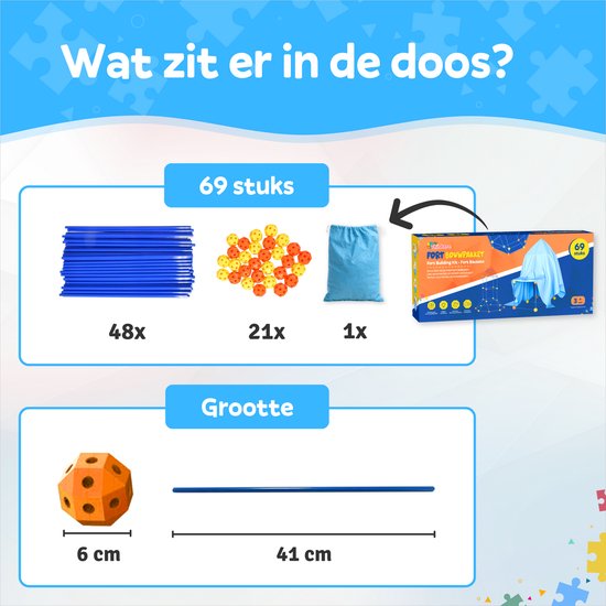 Fort Bouwpakket met 69 Onderdelen - Incl. Opbergzak & E-book - Constructiespeelgoed - Speeltent - Educatief Speelgoed - Bouwspeelgoed - Hut Bouwen