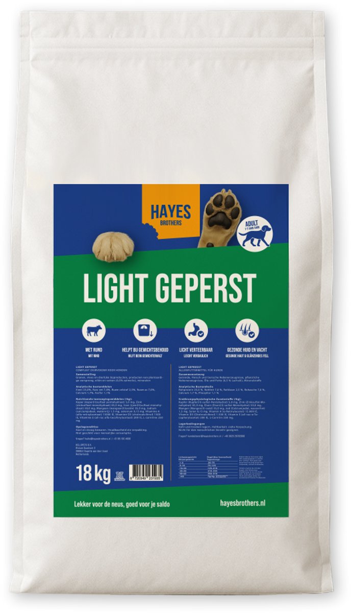 Hayes Brothers Light hondenbrokken 18 kg - Geperste hondenbrokken - Geschikt voor Overgewicht of Lagere Caloriebehoefte - 18kg
