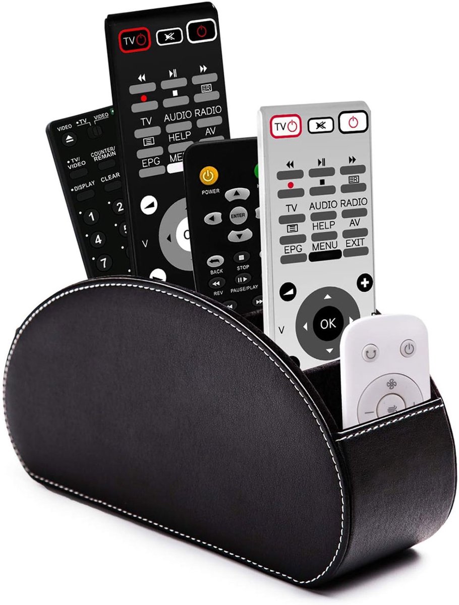 QTTVBTNA -Afstandsbediening Houder Organizer – Leren Tafel & Bureau Opbergdoos met 5 Vakken – Handige Organizer voor TV, Media & Kleine Accessoires – Zwart
