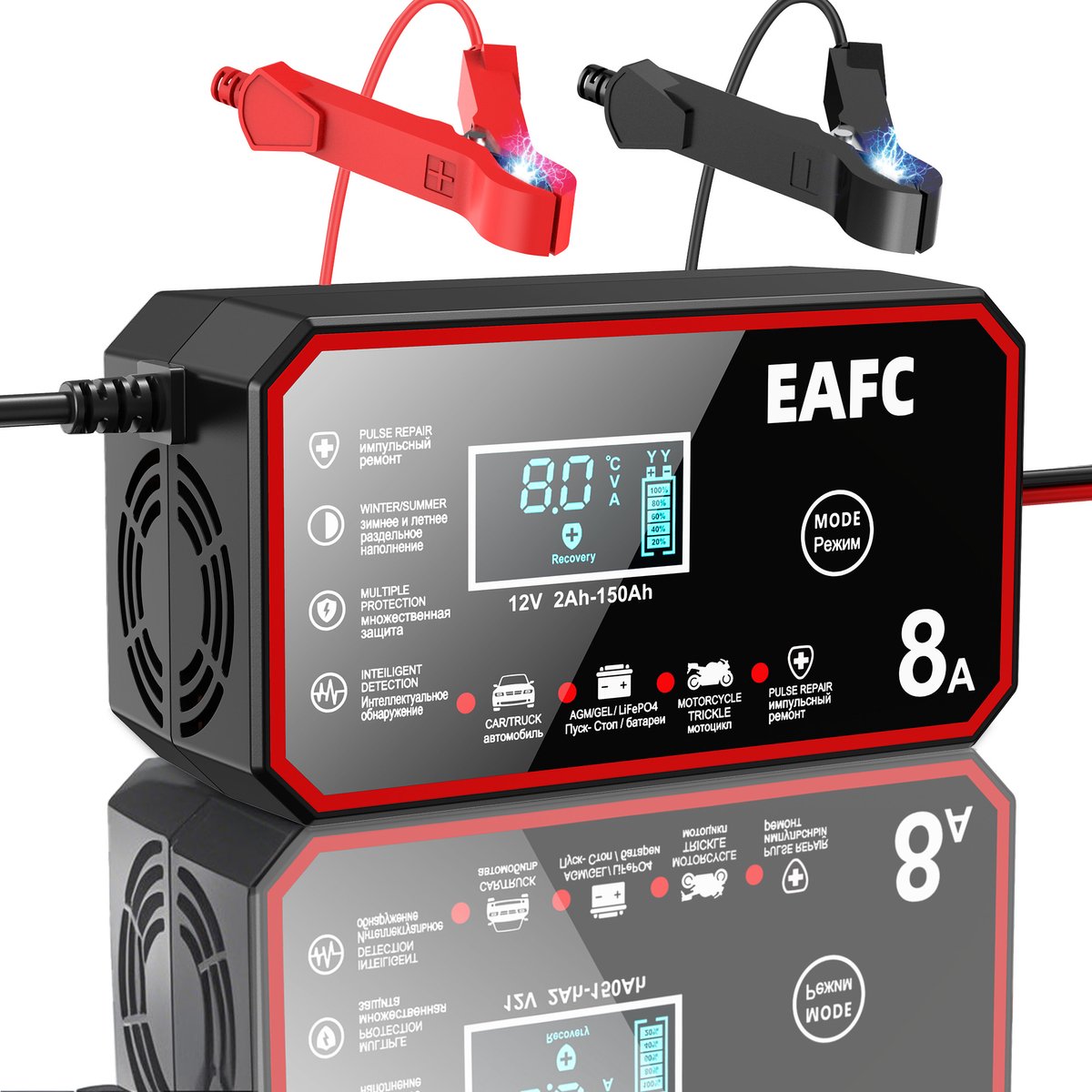 EAFC 12V 8A Slimme Auto Acculader Puls Reparatie Snel Opladen voor Auto Moto AGM GEL WET Loodzuur LiFePO4 Accu Opladen met LCD Scherm en Reparatiemodus