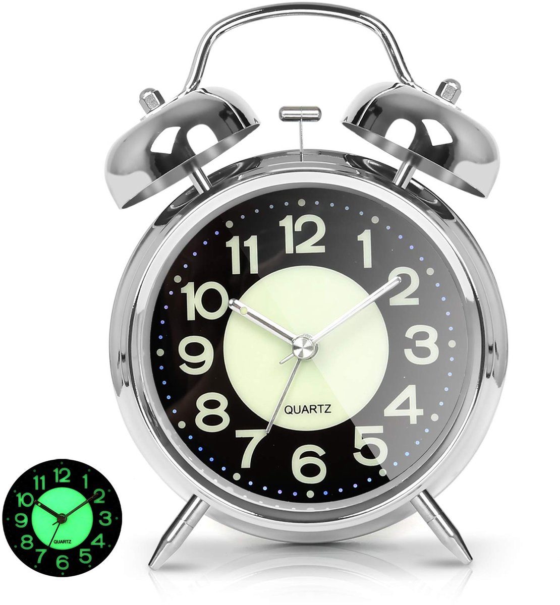Retro Twin Bell Alarmklok – Super Luid voor Zware Slapers – Stil Uurwerk – Nachtlicht & Luminous Wijzerplaat – Zilver