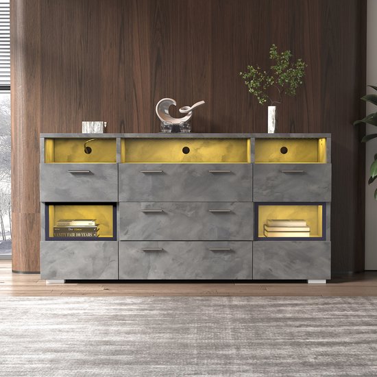 PUGSDRLY Dressoir voor woonkamer met 3 deuren, opbergkast voor woonkamer, dressoir, eetkamer, commode, moderne kast voor meerdere scenario's, deuren versierd met rotan, 129,8 x 40 x 76 cm