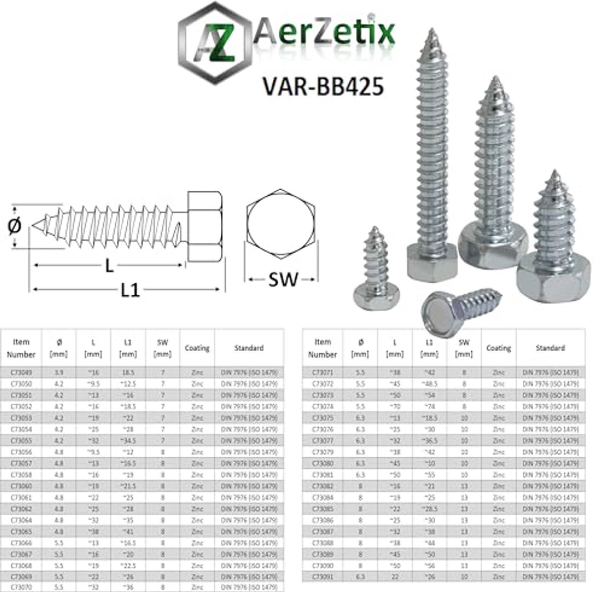 Set van 25 zelftappende schroeven met zeskantkop van gegalvaniseerd koolstofstaal, Ø8x38 mm volgens DIN7976, voor stevige en duurzame bevestiging