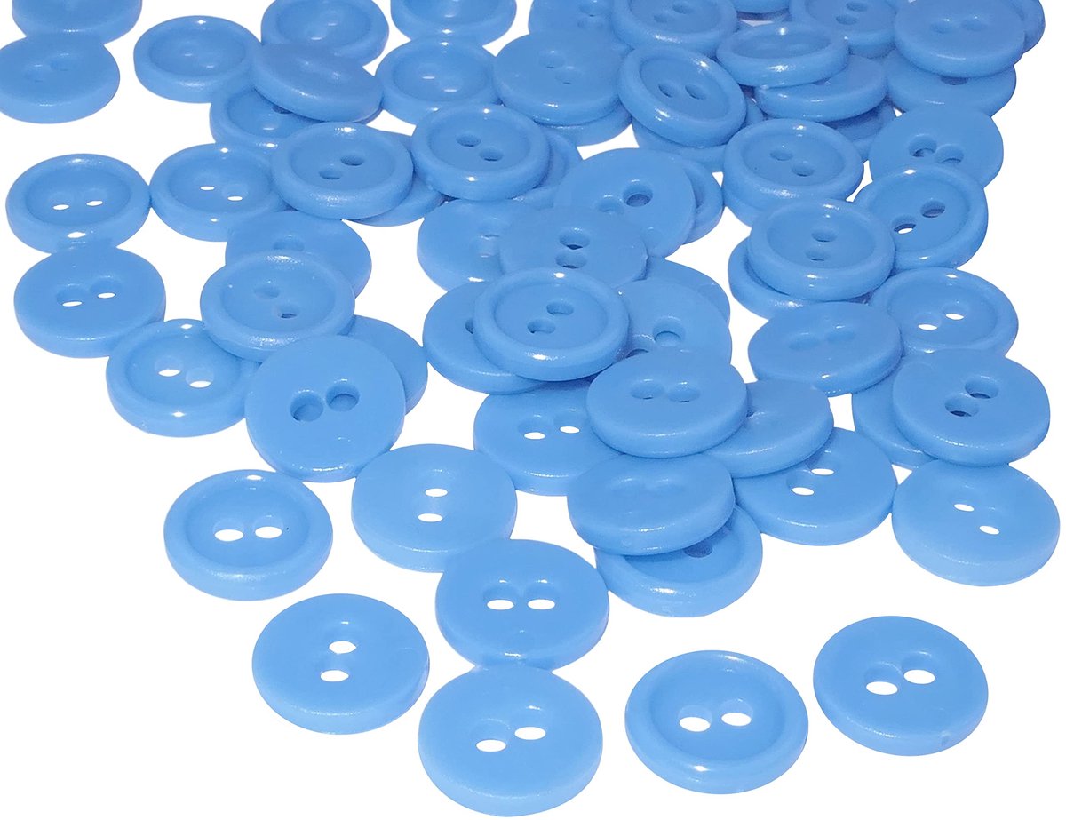 C56314 - Set van 100 ronde knopen Ã˜11,5x2,2 mm - pastelblauw - kunststof - openingdiameter 2 mm