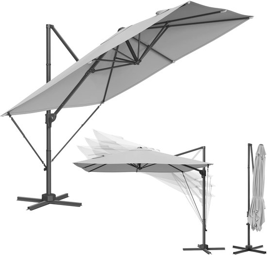 Parasol Grijs - 270x270 cm - Protection UV UPF 50+ - Rotatif à 360° - Angle réglable de 0 à 60° - Avec mécanisme à impact et bouchon - Structure en acier robuste - Pour Jardin et terrasse