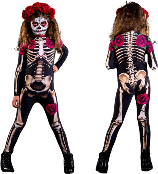 Joya Kids® Skelet Verkleedpak Rozenprint Kinderen | Jumpsuit Halloween Kostuum | Día de los Muertos Verkleed Kostuum Meisje | Stretch Carnaval Outfit | Maat S