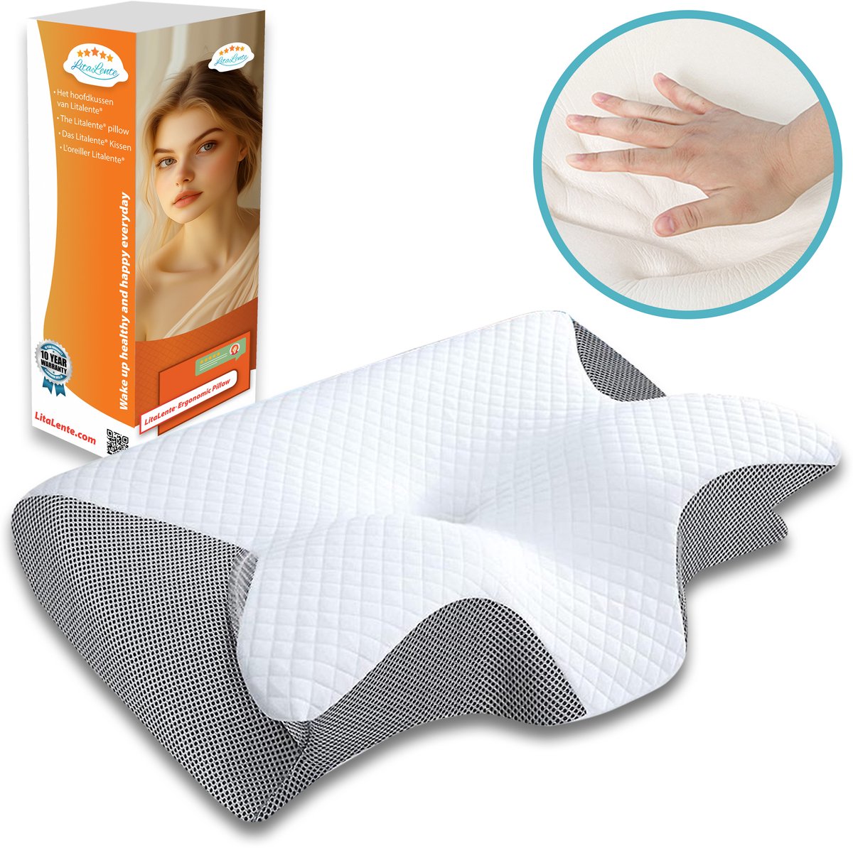 Traagschuim Hoofdkussen van LitaLente 60x36x13 cm – Ergonomisch Vlinderkussen – Orthopedisch Hoofdkussen – Neksteunkussen – Memory Foam Kussen – Anti-Snurk – Kussen tegen Nekpijn, Rugklachten en Schouderklachten – Voor Zij- Rug- en Buikslapers