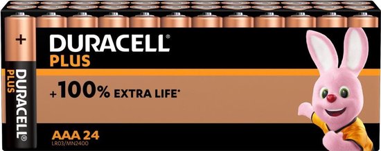 Piles Duracell Plus AAA, 24 pièces. Le lapin Duracell avec une expression joyeuse. +100% de durée de vie supplémentaire.
