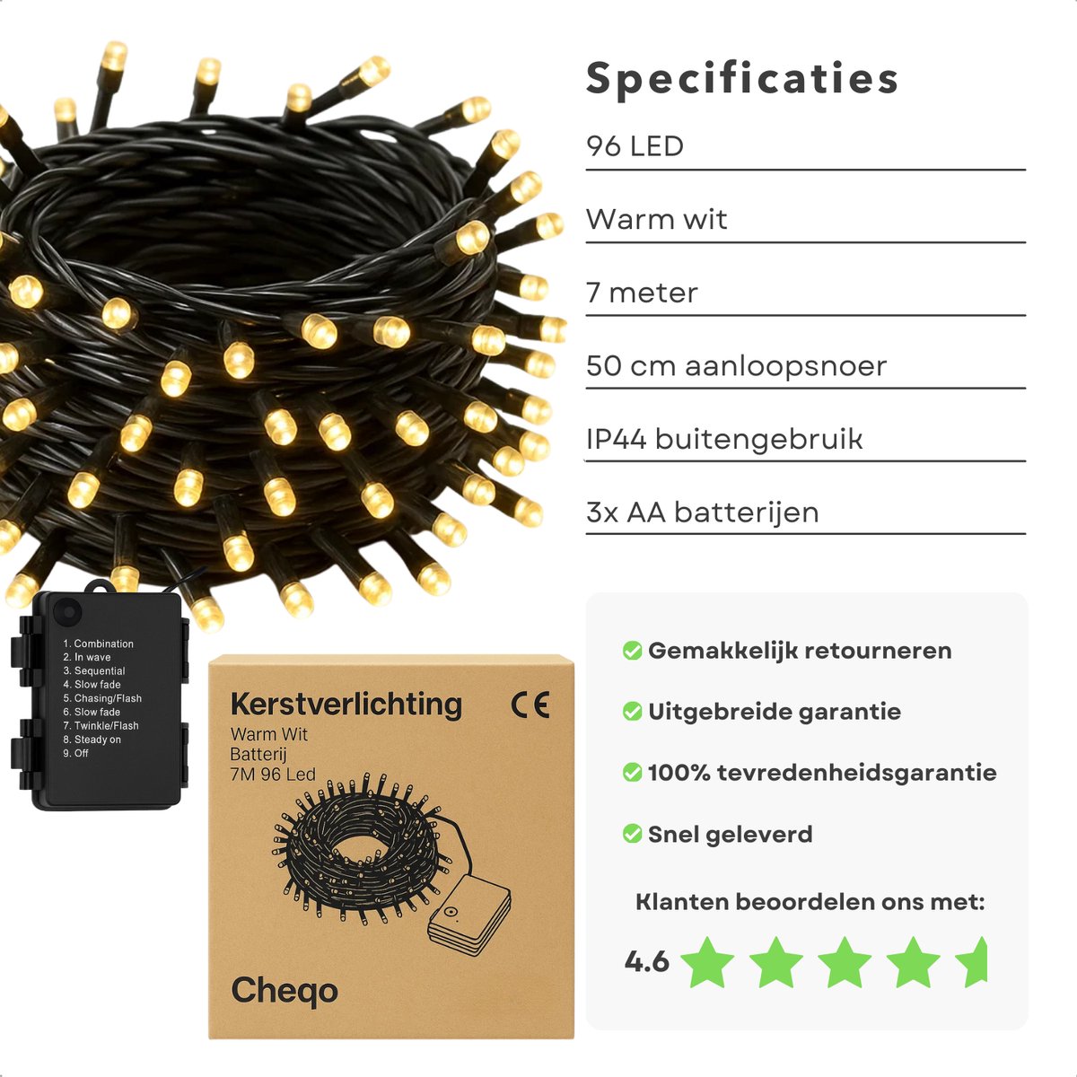 Cheqo® Kerstverlichting Op Batterij - Warm Wit LED Lampjes - Geschikt Voor Binnen En Buiten - 96 LED Lampjes - 7 Meter Lichtsnoer - Met Timer - 8-Functies - IP44 Waterdicht - Zwarte Kabel - 3x AA Batterijen - Kerstlampjes - Kerstboomverlichting – foto 6