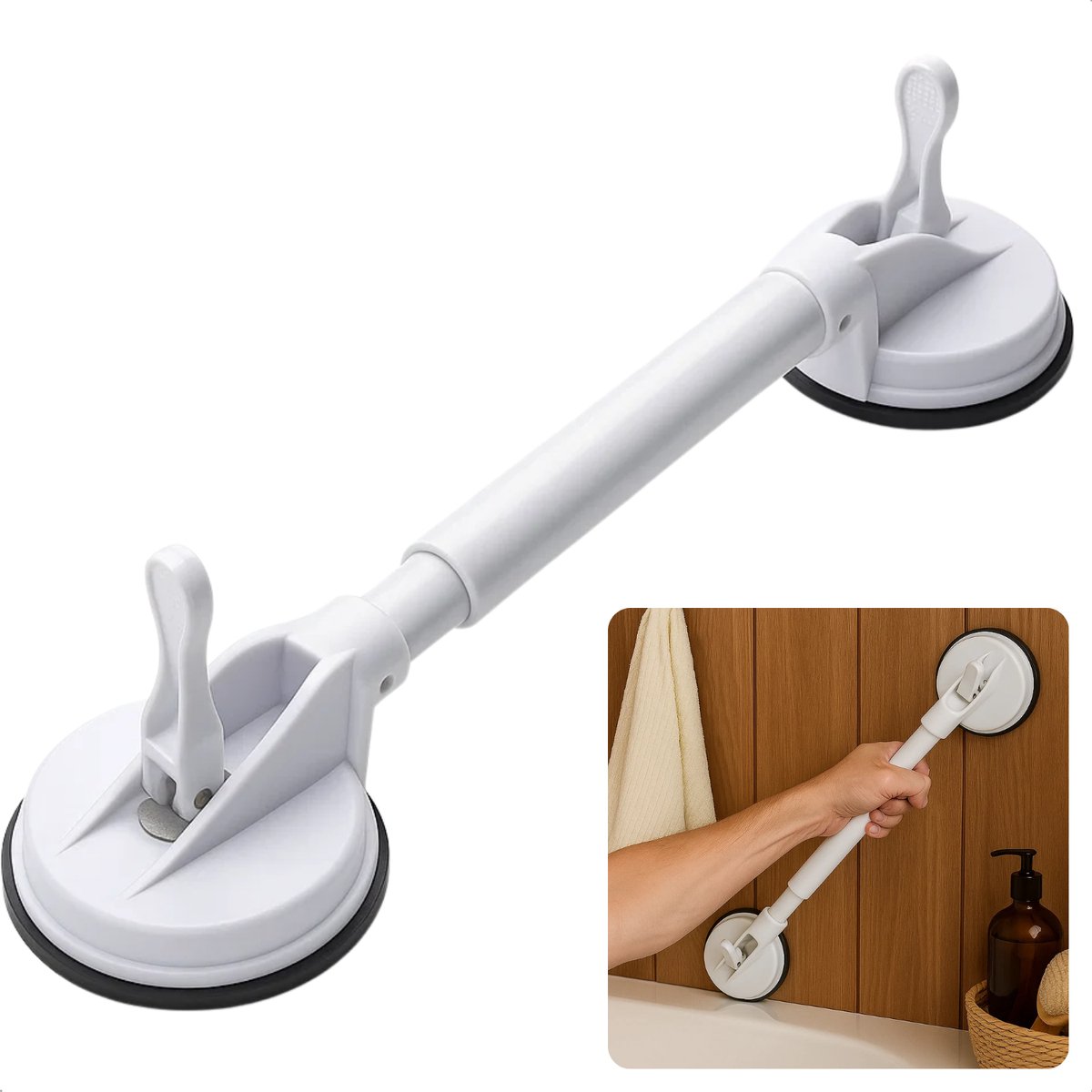 Cheqo® Douche Handgreep Met Zuignap - Veiligheidsgreep Badkamer - Handgreep Voor Ouderen - Zonder Boren - Uitschuifbare Handgreep - Gladde Oppervlakken - Verplaatsbare Handgreep - Sterke Zuignappen - Handgreep Toilet - Handgreep Met Klemmen