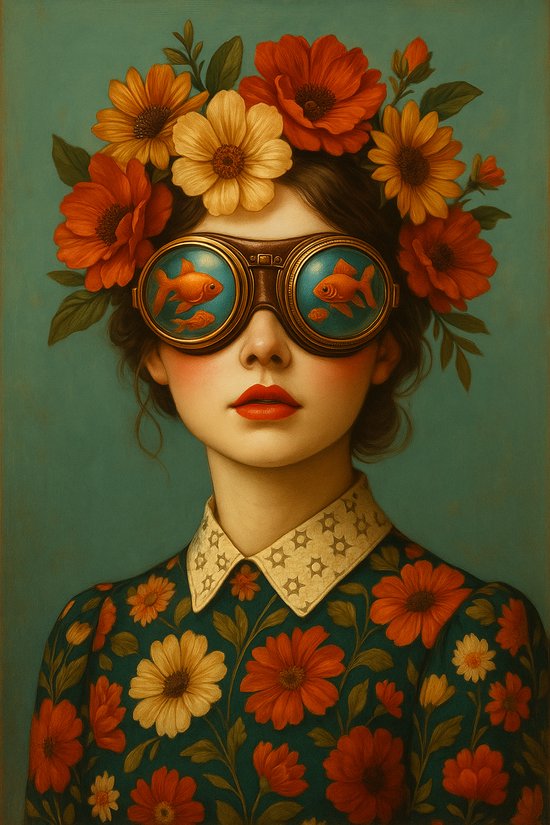 Portrait d'une femme avec une couronne de fleurs et des lunettes reflétant des poissons rouges, vert avec imprimé floral.