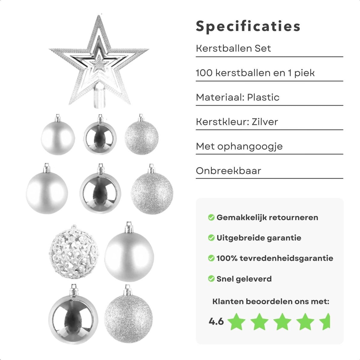 Cheqo® Luxe Kerstballen Set - Kerstballenset - Kerstdecoratie - Kerstboom Versieren - Kerstversiering - Onbreekbaar - Met Ophangoogje - Kerstversiering Kerstboom - Mat - Glans - Glitter - 101 Stuks - Zilver - Met Piek – foto 5