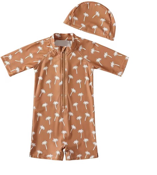 Il Bambini - Maillot de bain UV - Maillot de bain avec chapeau - UPF50+ - Palmiers caramel - Taille 86/92