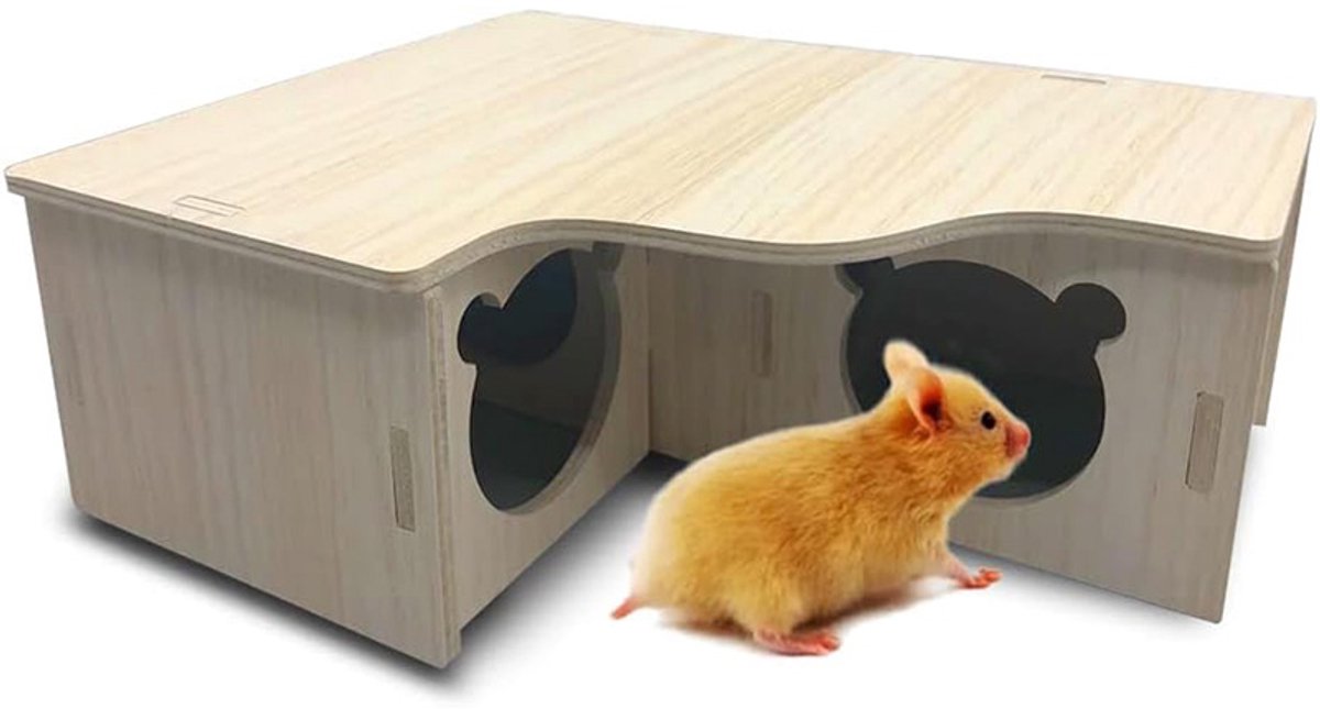 Multi-kamer hamster huis doolhuis, 3 kamer schuilplaats, houten hamster doolhuis en tunnel verkennen speelgoed, hamster huis landschap knaagdieren tunnels