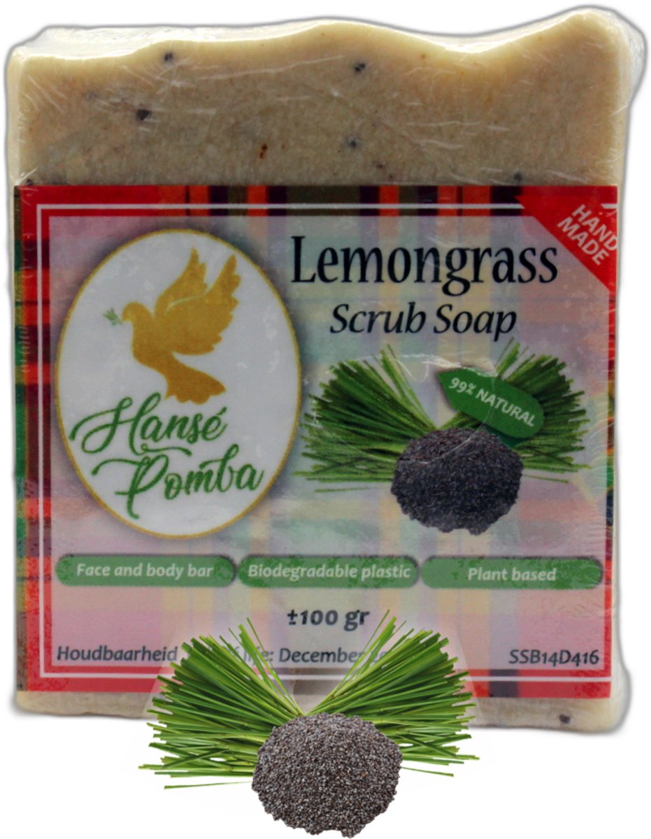 Hansé Pomba - Lemongrass Scrub Soap - Zeep - 99% natuurlijk - Citroengras - Suriname