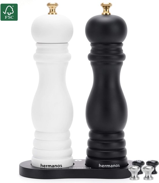 Peper en Zoutmolen Set Handmatig Zwart & Wit Acaciahout Hermanos® - 22 cm - Peper- & Zoutstel - Verwisselbare knoppen zwart, zilver en goud - Instelbare maalgraad - Klassiek - BBQ Accessoires