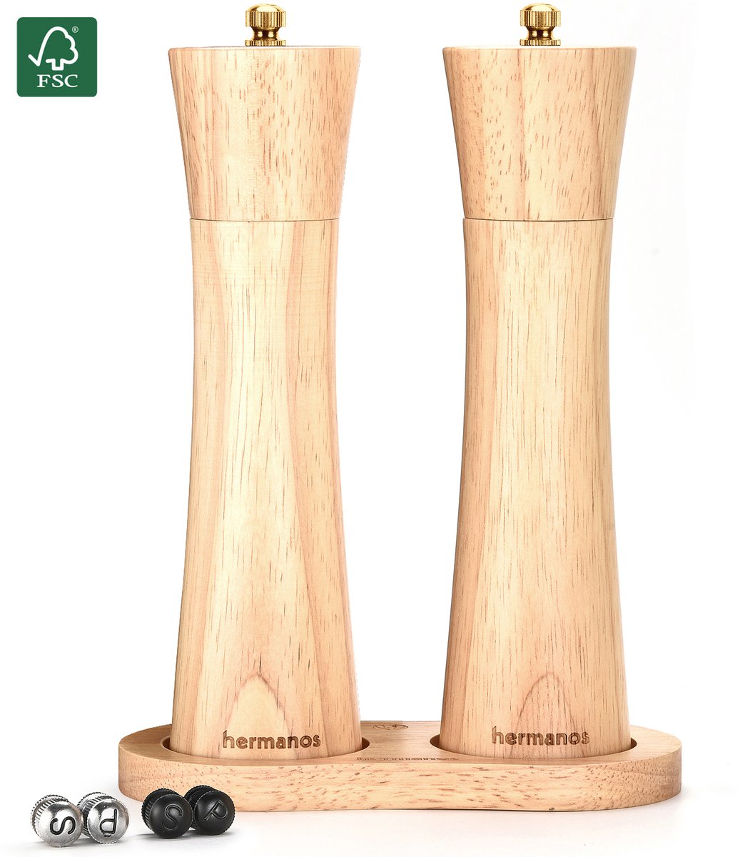 Peper en Zoutmolen Set Handmatig Blank Hout 22 cm Hermanos® - Peper- & Zoutstel - Verwisselbare knoppen zwart, zilver en goud - Instelbare maalgraad