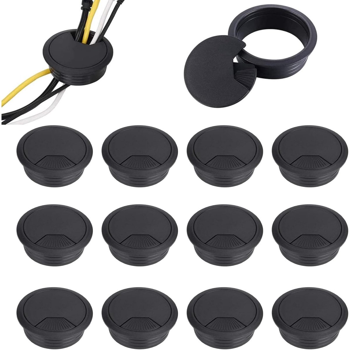 EXCITAT Kabeldoorvoer - Ø60mm - Rond Verzonken - Voor Kantoor- en Thuiswerkbladen - Zwart - 12 Stuks