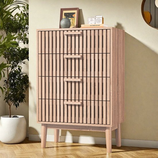 Commode en Bois 4 Tiroirs – Meuble de Rangement en Couleur Bois pour Chambre & Salon