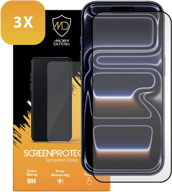 Doos met 3 MobyDefend screenprotectors voor iPhone 17 Pro. Zwarte randen. Gehard glas. 9H krasbestendig.