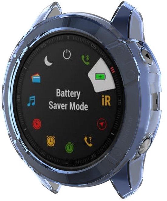 Donkerblauw transparant TPU hoesje om een Garmin Fenix 6X smartwatch. Het scherm toont "Battery Saver Mode".