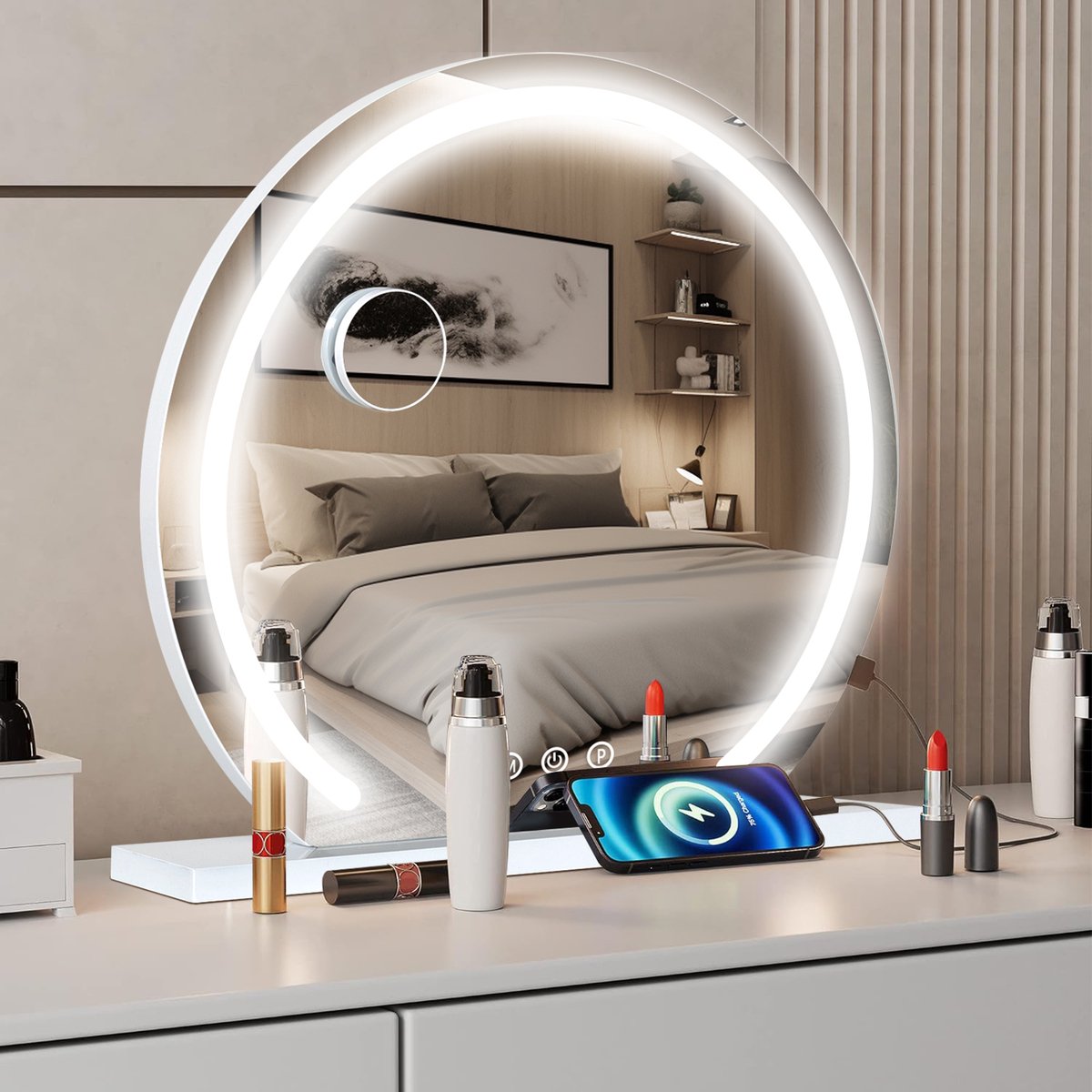 Puluomis Hollywood Spiegel 50CM - Rond - LED-lichtstrips - Make Up Spiegel met verlichting - USB Oplaadpoort - 10x Vergroting - 3 lichtstanden - Dimbaar - Smart Touch